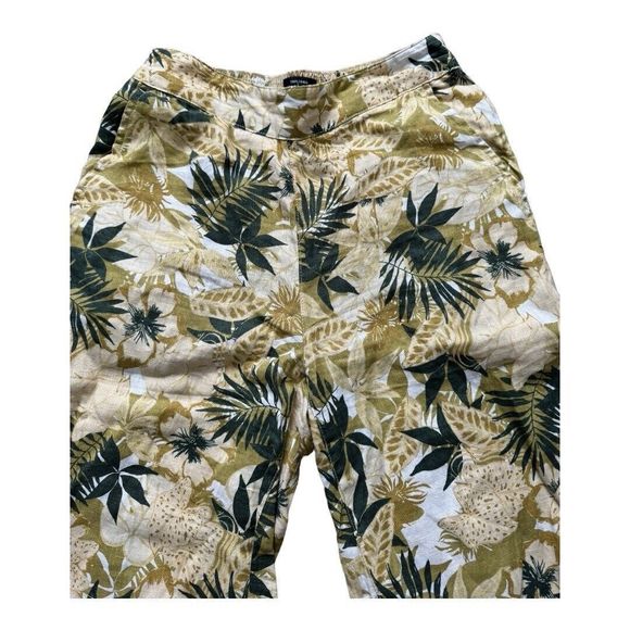 Tahari Women's 100% Linen Cropped Pull On Tan Palm Leaves Wide Leg Pants Small‎ - Picture 3 of 9